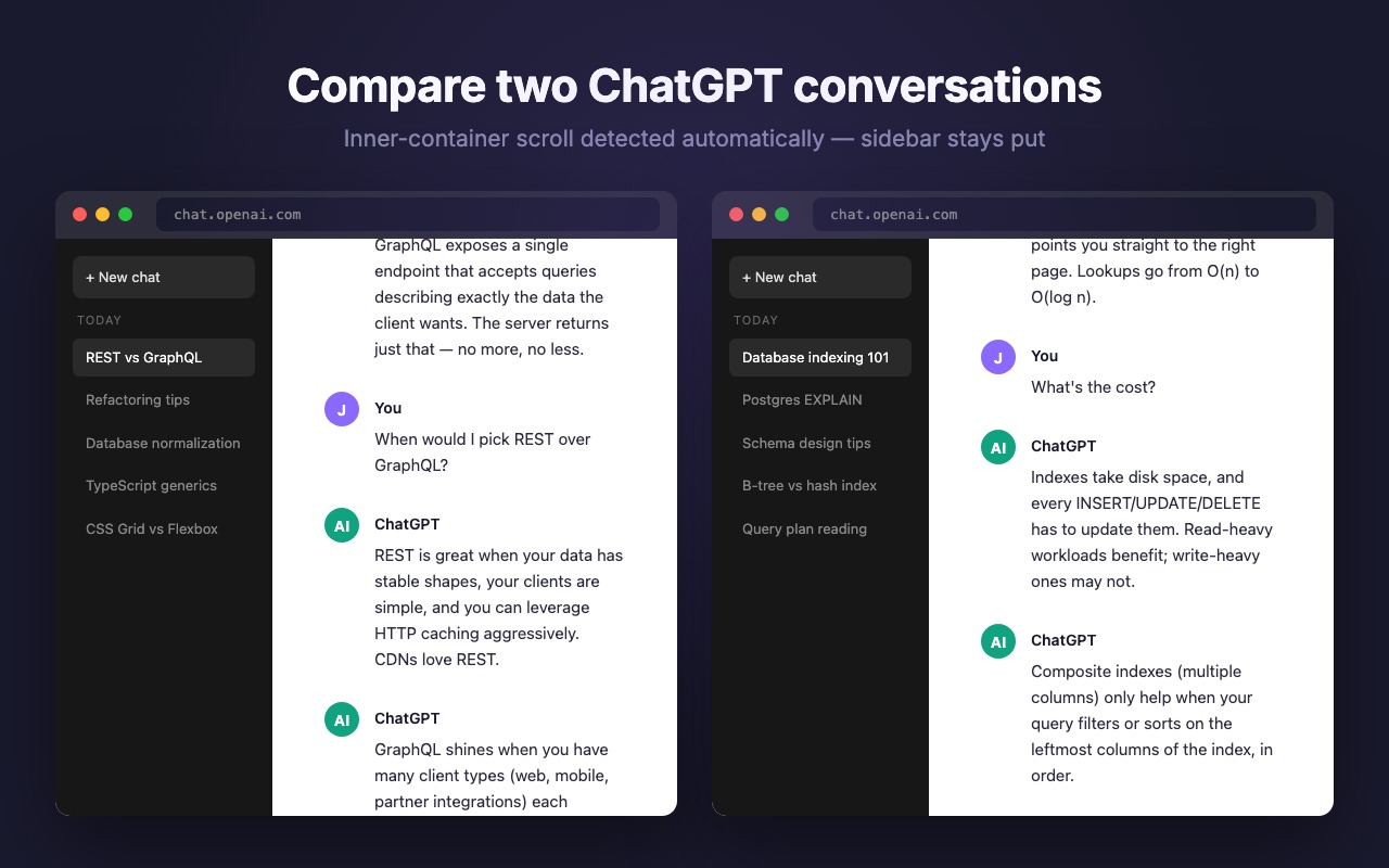 Two ChatGPT conversations scrolled in sync — sidebars stay put