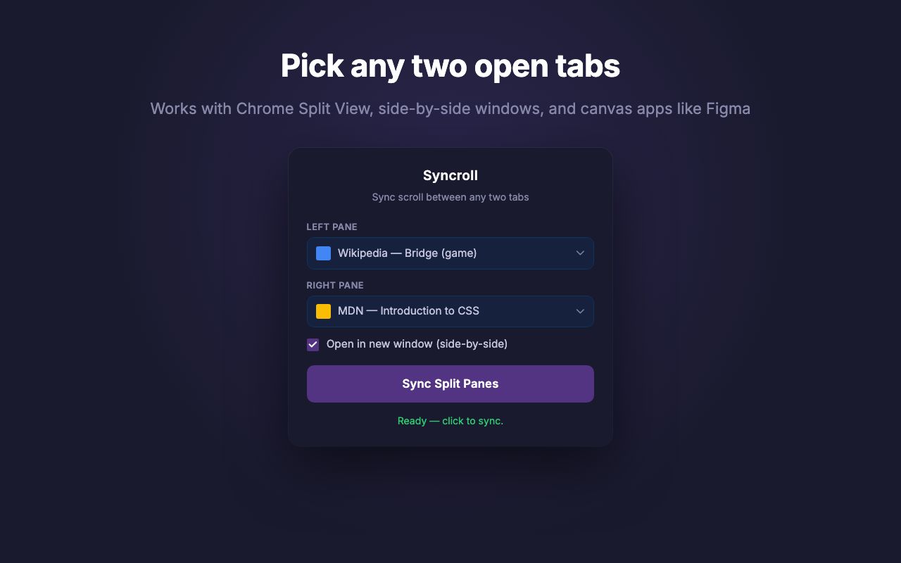 Syncroll popup showing two tab dropdowns with favicons and an 'Open in new window' checkbox